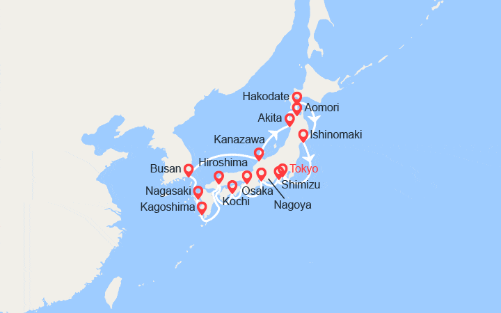 Carte itinéraire croisière Japon : Nagoya, Kochi, Nagasaki, Busan...