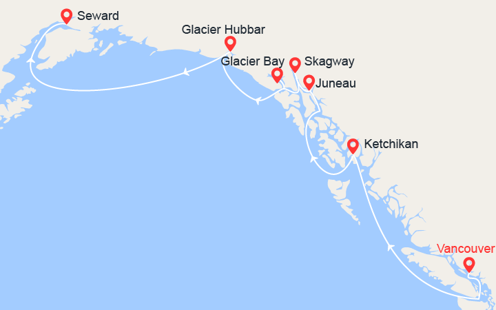 Carte itinéraire croisière Alaska avec Baie des Glaciers au départ de Vancouver