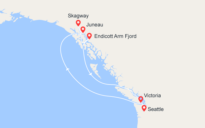 Carte itinéraire croisière Alaska: Juneau, Skagway, Endicott Arm & Glacier Dawes...