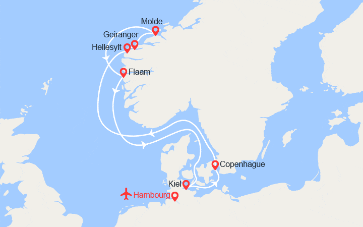 Carte itinéraire croisière Allemagne, Danemark, Norvège - Vols inclus