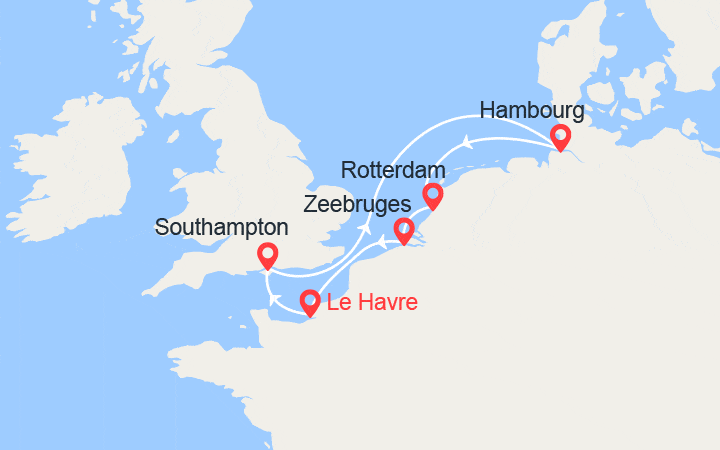 Carte itinéraire croisière Angleterre, Hambourg, Rotterdam, Bruges