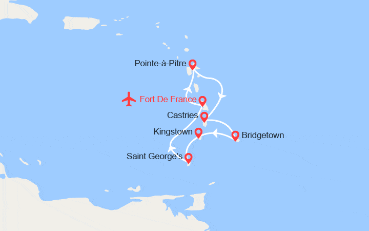 Carte itinéraire croisière Antilles, Barbade, St Vincent, Grenade || Vols inclus