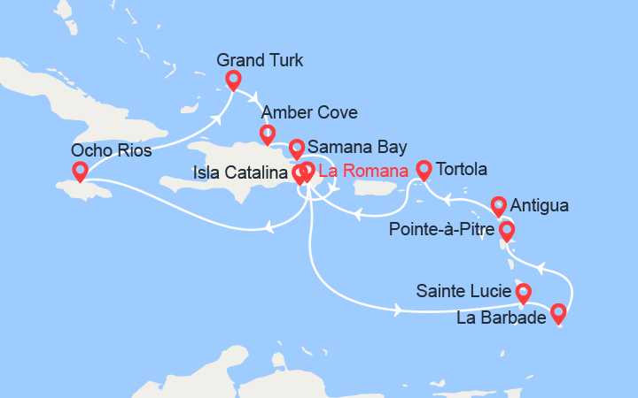 Carte itinéraire croisière Antilles, Iles Vierges, Jamaïque, Turks & Caïcos, Rép. Dominicaine