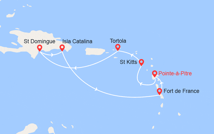 Carte itinéraire croisière Antilles : Martinique, Guadeloupe, St Kitts, Tortola, Rép Dominicaine