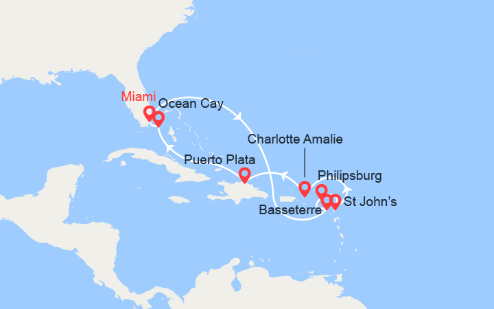 Carte itinéraire croisière Antilles, Rép. Dominicaine, Bahamas