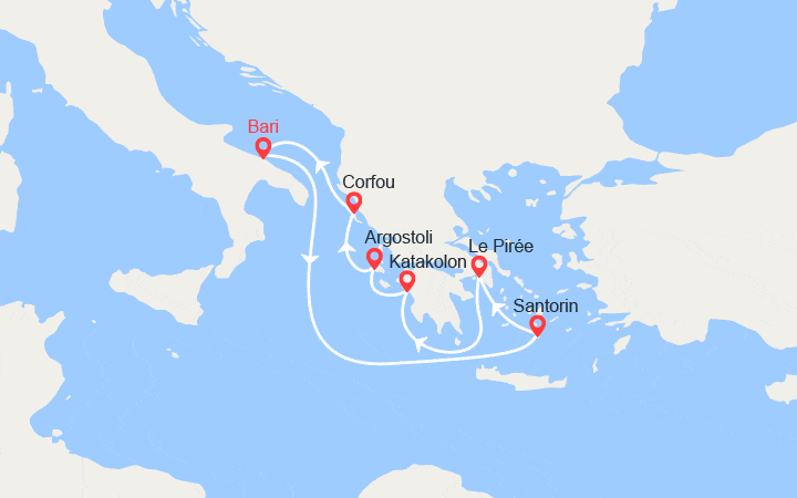 Carte itinéraire croisière Athènes, Olympie, Iles grecques