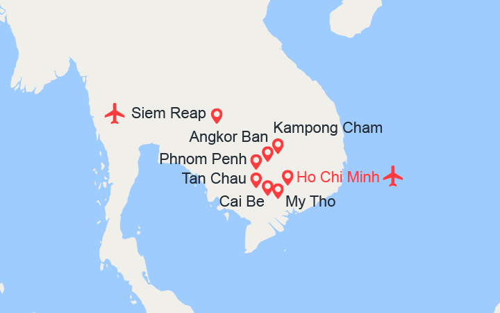 Carte itinéraire croisière Au Fil du Mékong, de Saigon aux Temples d’Angkor