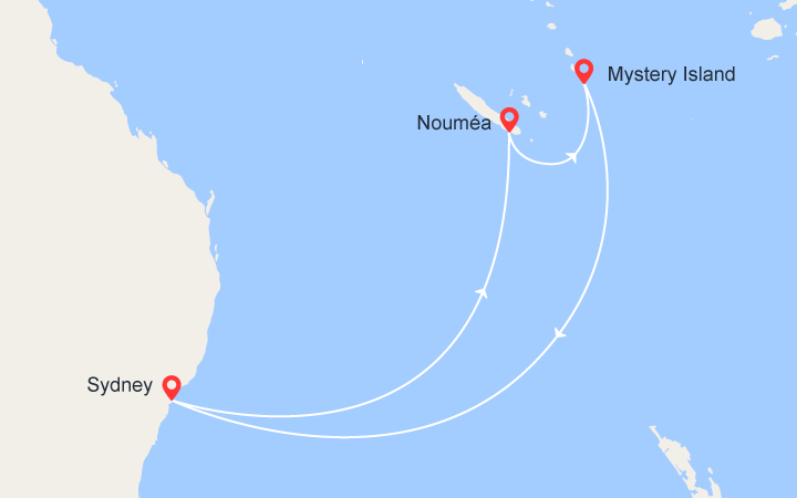 Carte itinéraire croisière Australie, Vanuatu et Nouvelle-Calédonie