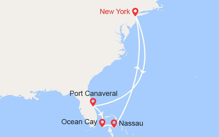 Carte itinéraire croisière Bahamas & Floride - au départ de New York