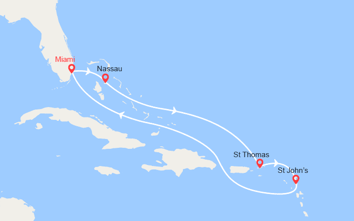 Carte itinéraire croisière Bahamas, Iles Vierges, Antigua