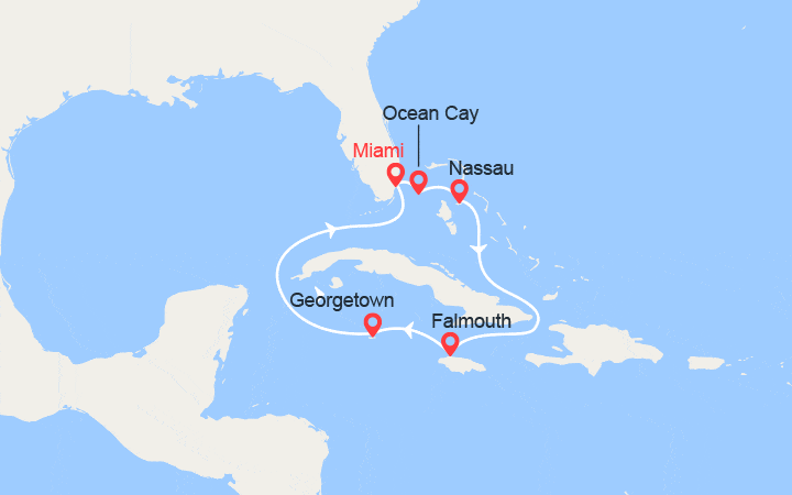Carte itinéraire croisière Bahamas, Jamaïque, Iles Caïmans