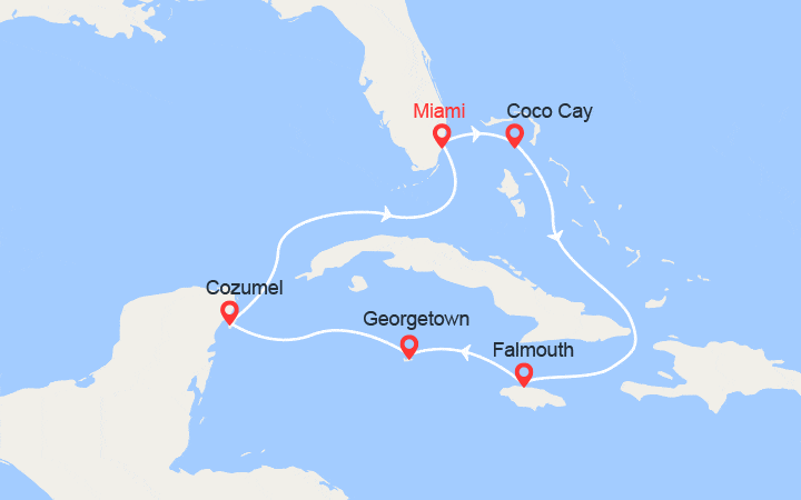 Carte itinéraire croisière Bahamas, Jamaïque, Iles Caïmans, Mexique