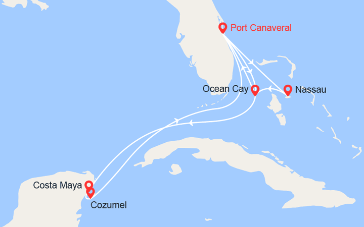 Carte itinéraire croisière Bahamas & Mexique