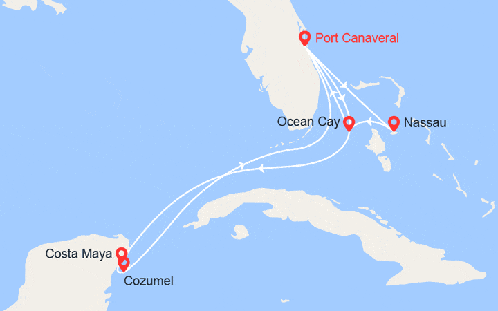 Carte itinéraire croisière Bahamas & Mexique