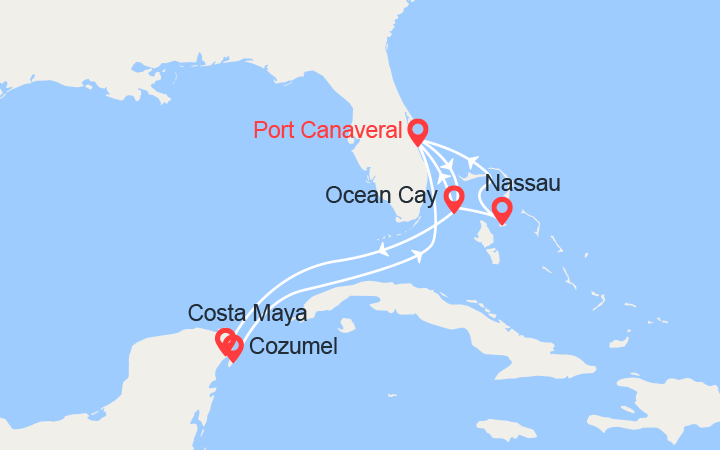 Carte itinéraire croisière Bahamas & Mexique