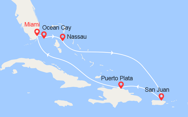 Carte itinéraire croisière Bahamas, Porto Rico, Rép Dominicaine