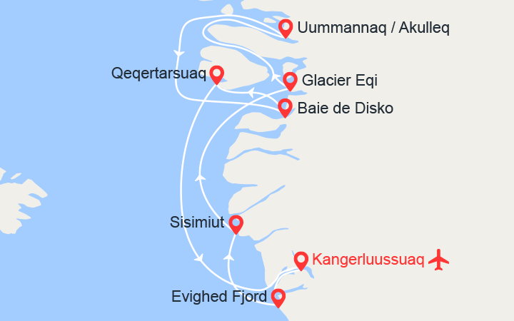 Carte itinéraire croisière Baie de Disko et villages inuits