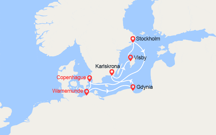 Carte itinéraire croisière Baltique : Pologne, Danemark, Suède
