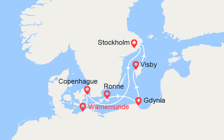 Carte itinéraire croisière Baltique : Pologne, Lituanie, Suède...