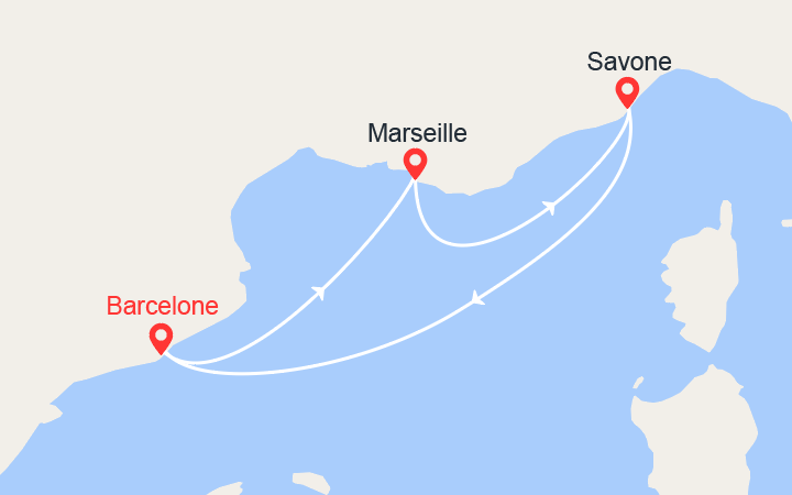 Carte itinéraire croisière Bleu Lavande : Italie et Espagne
