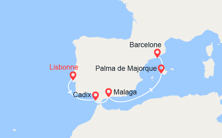 Carte itinéraire croisière Cadix, Malaga, Palma de Majorque