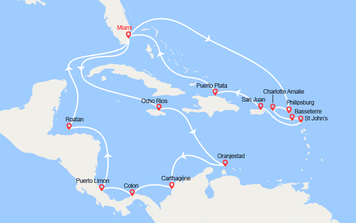 Carte itinéraire croisière Caraïbes : Aruba, Honduras, St Martin, Antigua, Porto Rico...
