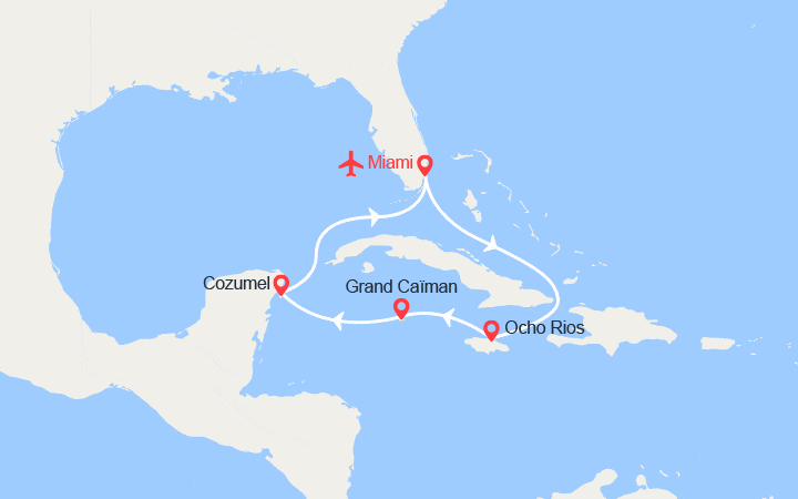 Carte itinéraire croisière Caraïbes de l'Ouest : Jamaïque, Iles Caïmans, Mexique || Vols + Hôtel inclus