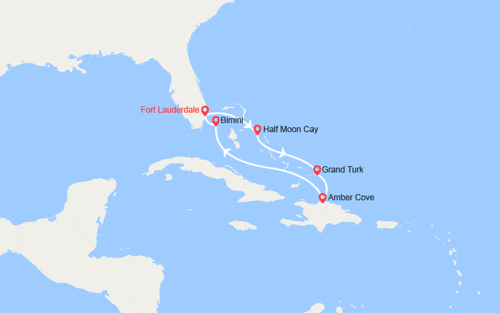 Carte itinéraire croisière Caraïbes Est : Bahamas, Grand Turk, Rép Dominicaine