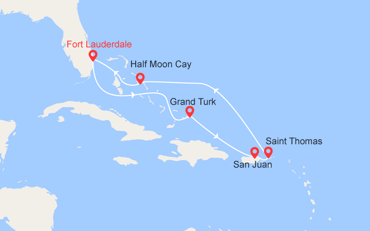 Carte itinéraire croisière Caraïbes Est : Grand Truk, Puerto Rico, St Thomas, Bahamas
