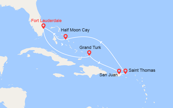 Carte itinéraire croisière Caraïbes Est : Grand Turk, Puerto Rico, St Thomas, Bahamas...