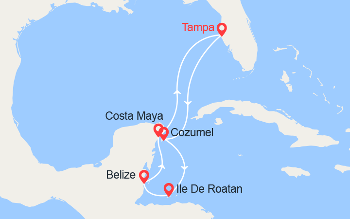 Carte itinéraire croisière Cozumel, Honduras, Belize, Costa Maya