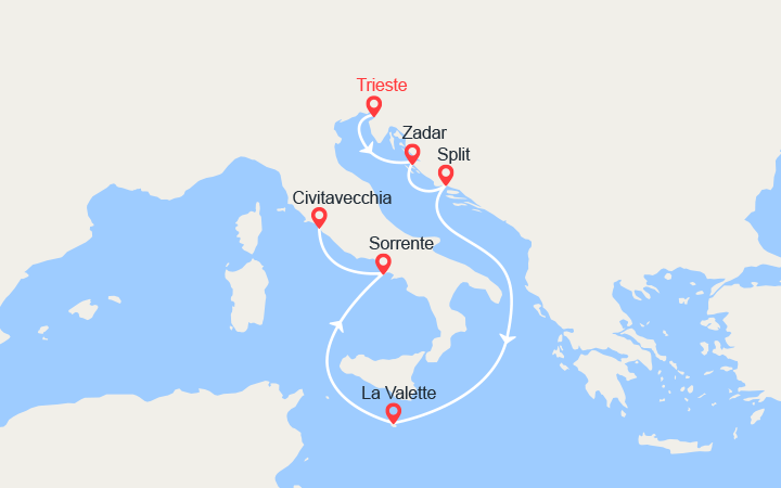 Carte itinéraire croisière Croatie, Malte et Italie