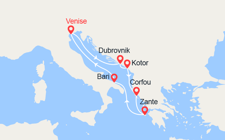 Carte itinéraire croisière Croatie, Monténégro, Iles Grecques