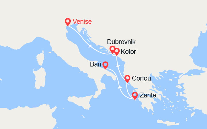 Carte itinéraire croisière Croatie, Monténégro, Iles Grecques: de Marghera à Bari