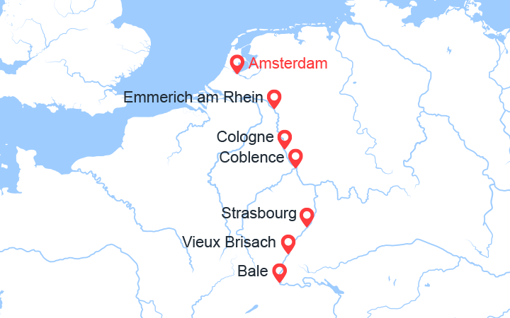 Carte itinéraire croisière D'Amsterdam à Bâle : Les Trésors d'un fleuve mythique (ABE_PP)