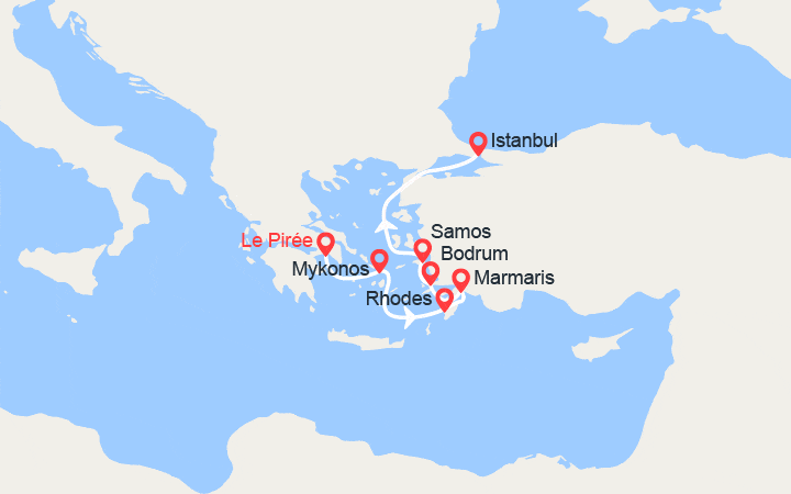 Carte itinéraire croisière De Athènes à Istanbul par Mykonos, Marmaris, Bodrum