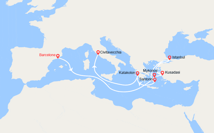 Carte itinéraire croisière De Barcelone à Rome par Ephèse, Istanbul, Santorin, Olympie
