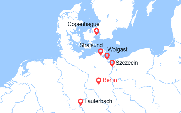 Carte itinéraire croisière De Berlin à Copenhague : la Havel, l'Oder et la mer Baltique (BSD_PP)