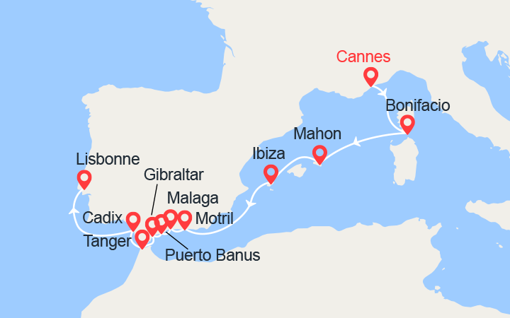 Carte itinéraire croisière De Cannes à Lisbonne