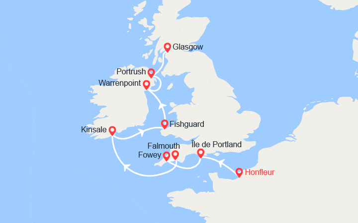 Carte itinéraire croisière De La Manche à la mer d’Irlande