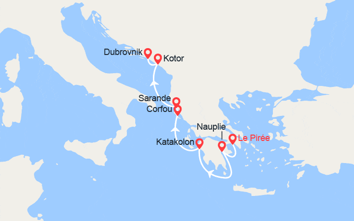 Carte itinéraire croisière De la mer Ionienne à l'Adriatique