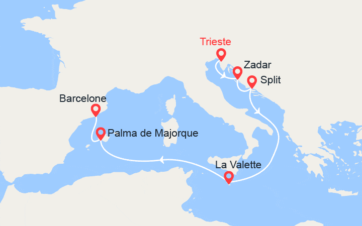 Carte itinéraire croisière De Trieste à Barcelone : Croatie, Malte, Majorque