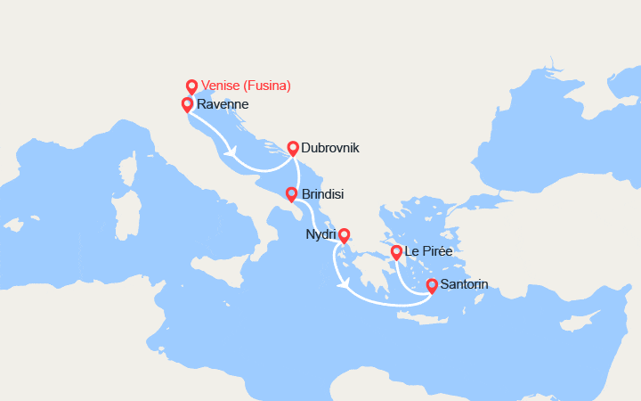 Carte itinéraire croisière De Venise à Athènes : Dubrovnik, Brindisi et îles grecques