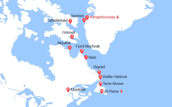 Carte itinéraire croisière Des côtes sauvages du Groenland à la côte est du Canada