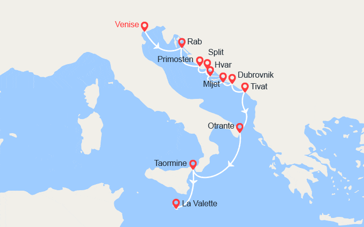 Carte itinéraire croisière Des rives de l'Adriatique à Malte