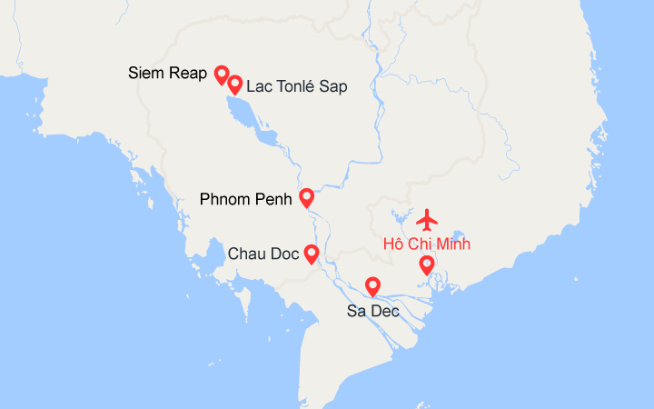Carte itinéraire croisière Du delta du Mékong aux temples d'Angkor (1H3)