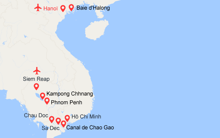 Carte itinéraire croisière Du delta du Mékong aux temples d'Angkor, Hanoï et Baie d'Along (1H6)