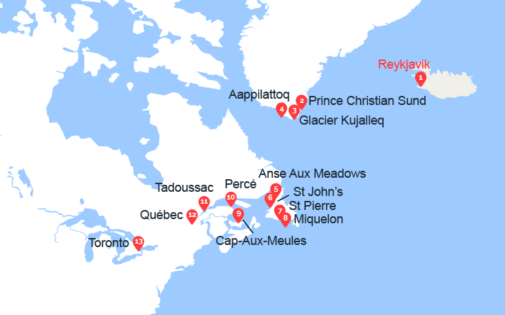 Carte itinéraire croisière Du Groenland au Canada par Saint-Pierre-et-Miquelon