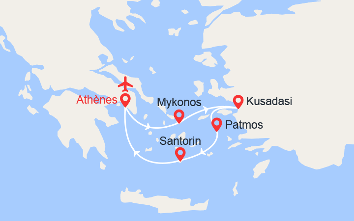 Carte itinéraire croisière Emblématique mer Egée en 4 jours - Vols AR et 2 nuits d'hôtel