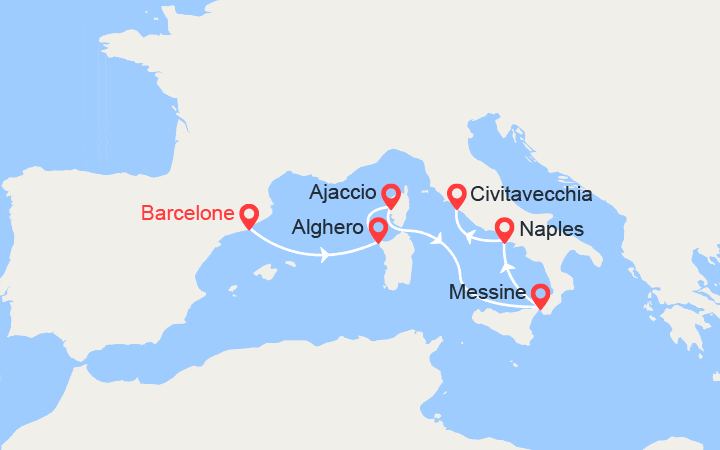 Carte itinéraire croisière En partance pour les îles du Sud : Sardaigne, Corse et Sicile